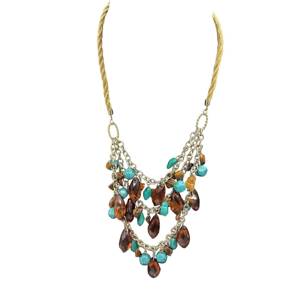 Loft Blue Brown Acrylic Beaded Multi-Strand Layered Statement Necklace Boho